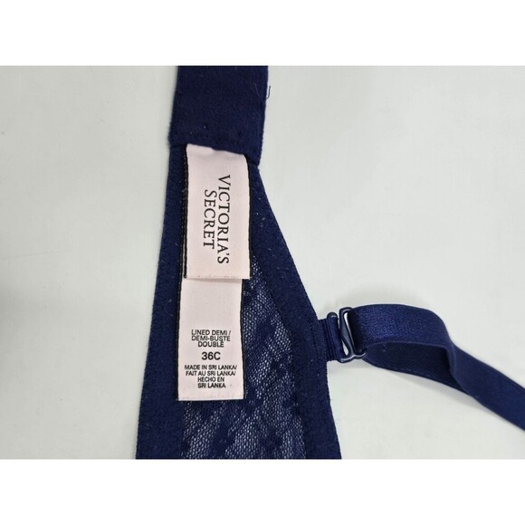 VICTORIA'S SECRET LINED DEMI BRA NAVY BLUE LACE PEACOCK BLUE WOMEN 36C SEXY - Picture 9 of 12